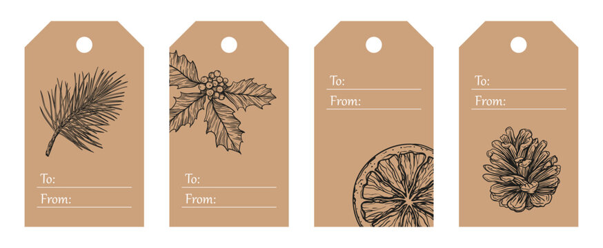Set of christmas vintage gift tag designs with hand drawn   bitanical illustrations and spaces for names on brown paper