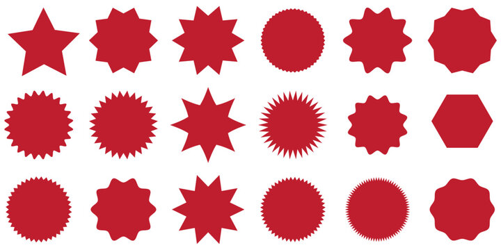 sunburst and starburst sticker shapes collection, Vibrant rounded zigzag badges, spiky circles and sunburst price tags, discount and sale labels, special offer promo tags and geometric seals
