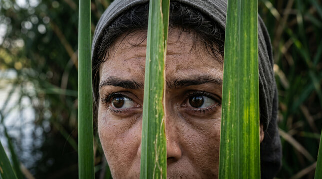 Miriam, the young sister, hiding in the tall green reeds of the Nile, watching carefully as Pharaoh's daughter discovers the basket