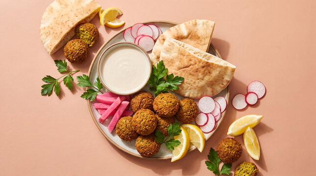 Crispy falafel balls served with pita bread tahini dip radish slices pickled turnip and lemon wedges on plate flat lay top view