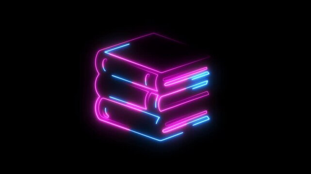Glowing neon book stack icons with pink and blue light for digital education concept