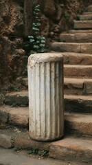 Naklejka premium Lone marble pillar relic on rugged ground, isolated classical architecture element for historic storytelling and travel visuals