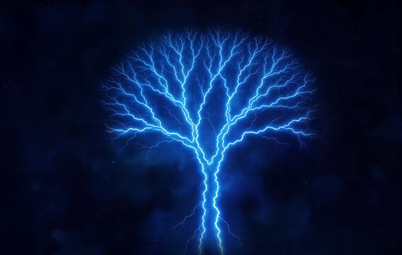 A futuristic image of a tree or plant created by blue lightning.
