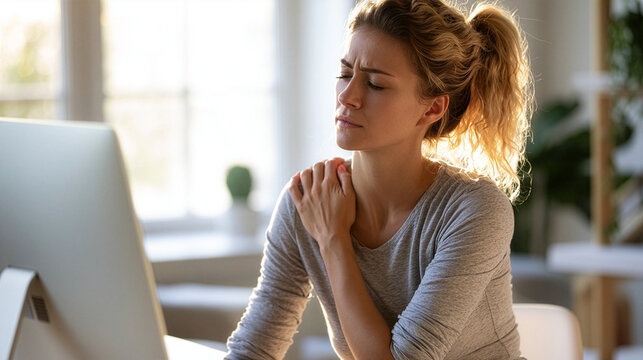 businesswoman working remotely at a home office suddenly feeling pain in her shoulder after prolonged computer use. One hand gently supports the painful shoulder