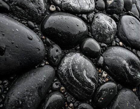 Close-up of smooth, wet, black stones and smaller pebbles, a textured natural pattern