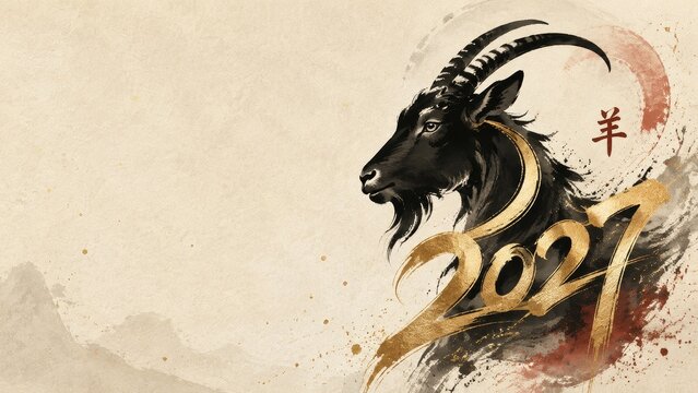 Vibrant chinese new year 2027 goat zodiac artwork featuring elegant golden calligraphy on a rich red and gold background