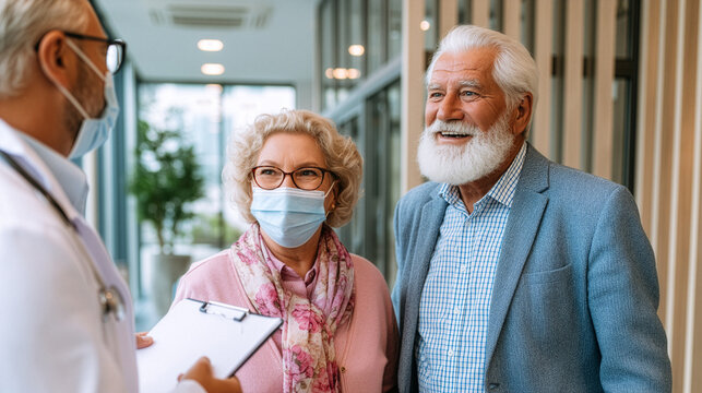 active senior couple meeting with a preventive medicine physician to discuss healthy aging, exercise, vaccination and nutrition, elegant modern clinic