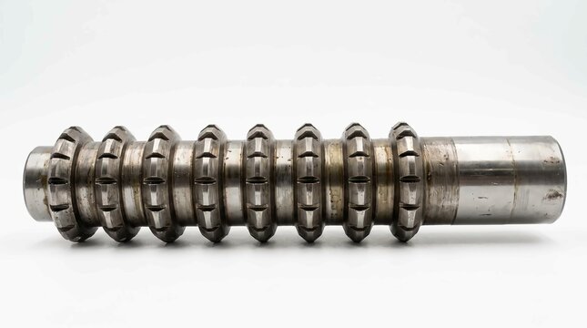 Heavy industrial steel gear shaft featuring multiple circular cog teeth with polished metallic texture shot in bright studio lighting setup