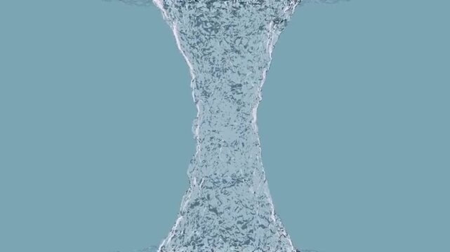 Clear water vortex funnel spinning against solid blue background fluid motion