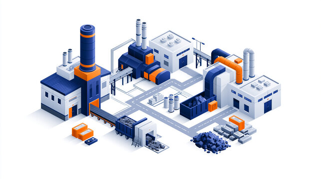 Clean isometric battery recycling facility showing collection, sorting and material recovery