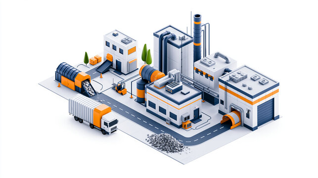 Clean isometric battery recycling facility showing collection, sorting and material recovery