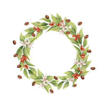 Coffee wreath with leaves, berries, flowers, and roasted coffee beans flying around. Circular botanical frame 