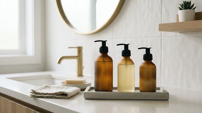 Minimalist Bathroom Counter Setup with Cosmetic Pump Containers for Cosmetic Mockup shampoo bottle pump bottle travel bottles mockup cosmetic packaging bathroom minimalist product design hygiene body