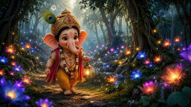 Cute Lord Ganesh Walking Through a Magical Glowing Forest