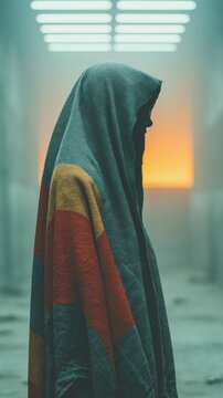 Hooded man in a hoodedie standing in a hallway portrait