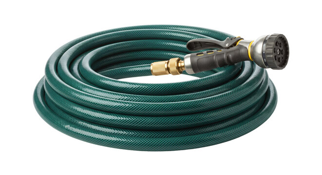 Coiled green garden hose with attached spray nozzle