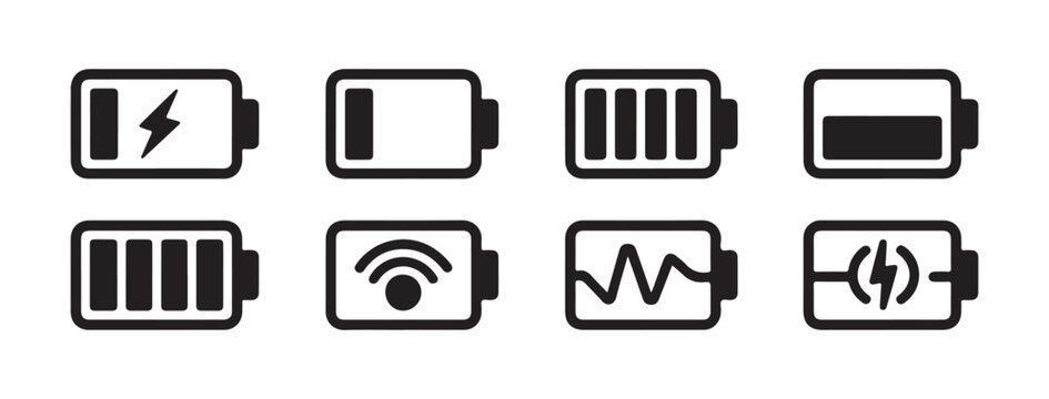 Battery and power indicator vector icon set showing charge, wifi, and signal status.