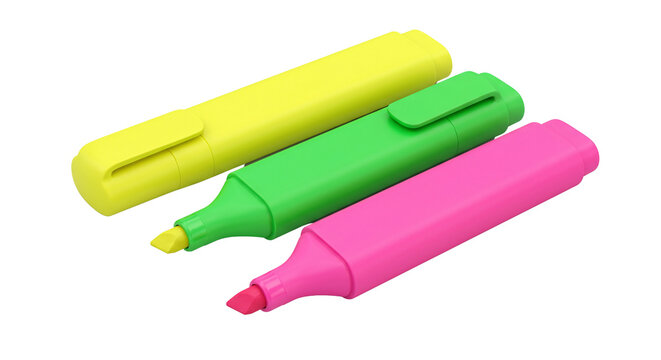 Three neon highlighters in yellow green and pink