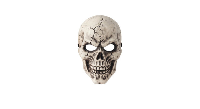 Weathered human skull mask with cracks and hollow eyes