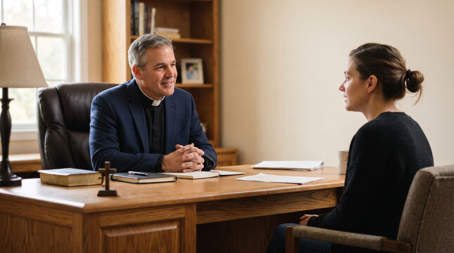 Clergy member in formal attire consulting with woman in office