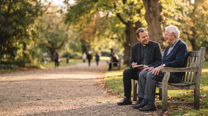 Fototapeta premium Clergyman and elderly man talking on park bench in autumn