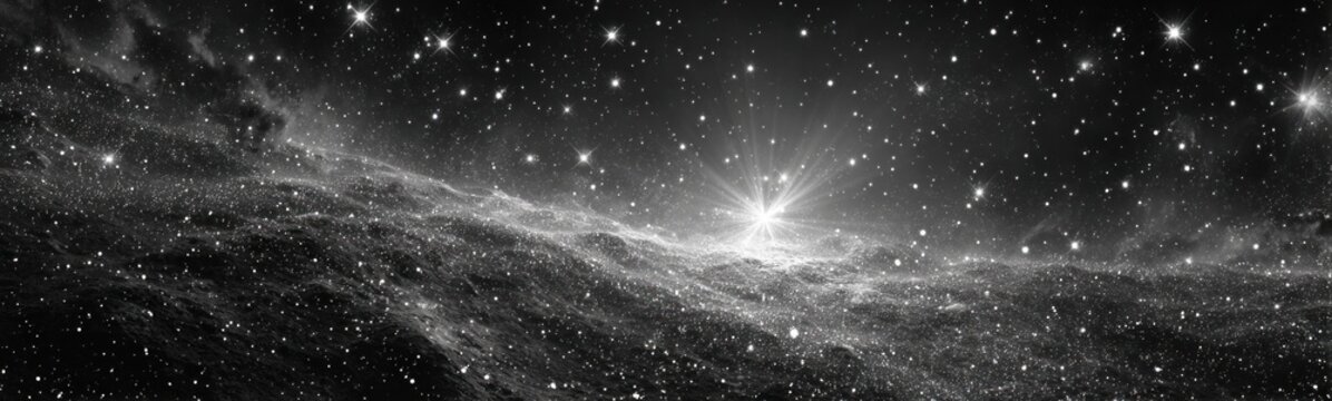 A black and white of a star filled sky with stars banner