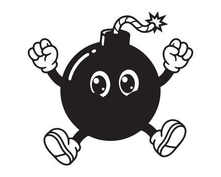 Black and white cartoon illustration of a cute bomb character with arms and legs cheering happily