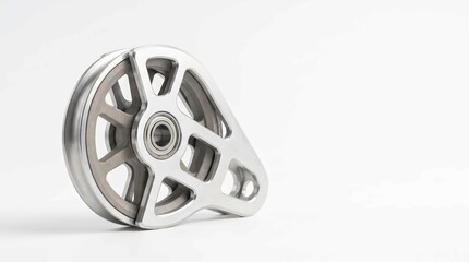 Obraz premium Polished steel pulley block featuring a central ball bearing, smooth metallic finish, modern industrial design, and intricate spoke cutout construction