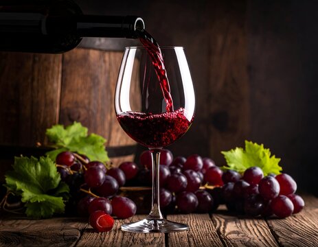 Red wine pouring into a tall glass, grapes, and a wooden barrel create a rustic scene