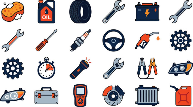 Set of automotive repair and car maintenance icons featuring tools and vehicle parts in flat vector style