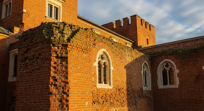 Sunlight illuminates the ancient weathered red brick walls and gothic arched windows of a medieval fortress structure during the golden hour as shadows stretch across the historic stone masonry