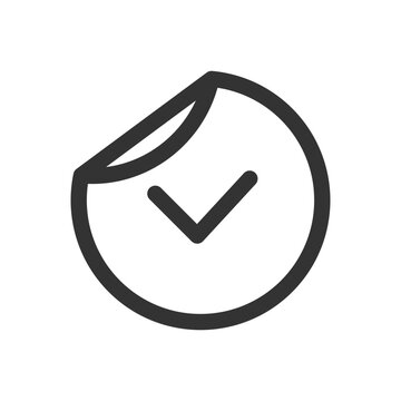 Round sticker line icon with a check mark, peel-off label symbol. Outline vector illustration.