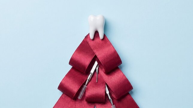 Christmas tree ribbon with tooth model and dental tools