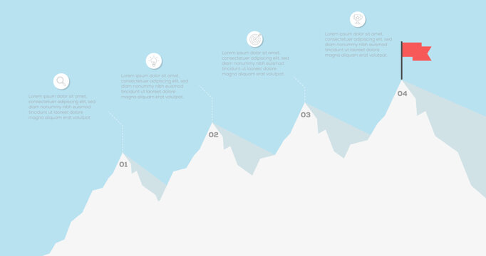 business success infographic template. Mountain route to goal success. Mountain infographic with 4 step. Timeline diagram with mountain vector.