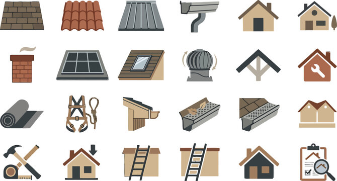 Set of flat vector icons representing roofing materials tools and house maintenance services for construction projects