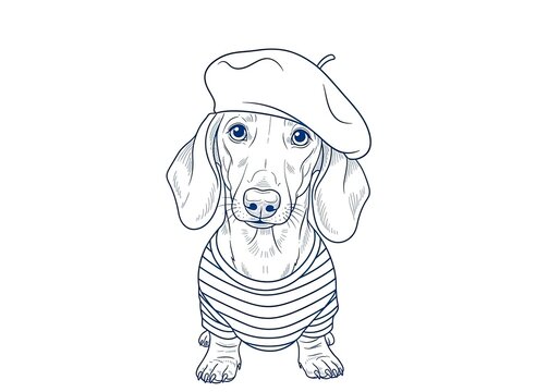 Sitting dachshund wearing a beret and striped sweater.