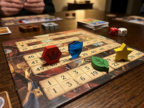 Board game pieces and score tracker on a table, focused on a wooden star marker on a game board