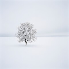 Fototapeta premium Solitary snow covered tree in a vast white winter landscape.