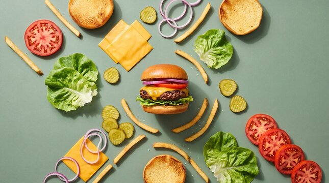 Gourmet Burger Deconstructed: A perfectly crafted burger sits center stage amidst its fresh ingredients, including vibrant lettuce, ripe tomatoes, melted cheese, crisp pickles, and golden fries.