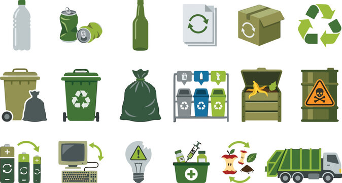 Set of waste management and recycling icons featuring trash bins containers and sorting symbols in flat style
