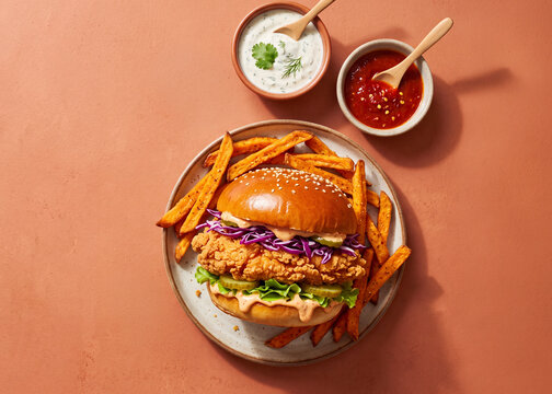Gourmet Fried Chicken Sandwich Meal: A decadent fried chicken sandwich, complete with a brioche bun, fresh lettuce, red cabbage slaw, pickles, and a creamy sauce.