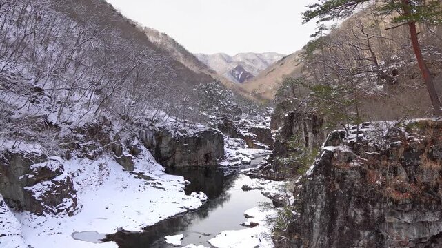 Snow-covered scenic Ryuo Gorge and dynamic winter landscape on a clear day