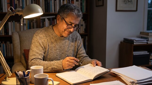 A mature man writes in his personal journal under a warm desk lamp. This scene captures deep reflection and self discovery in a cozy library. Perfect for mental health and wellness topics.