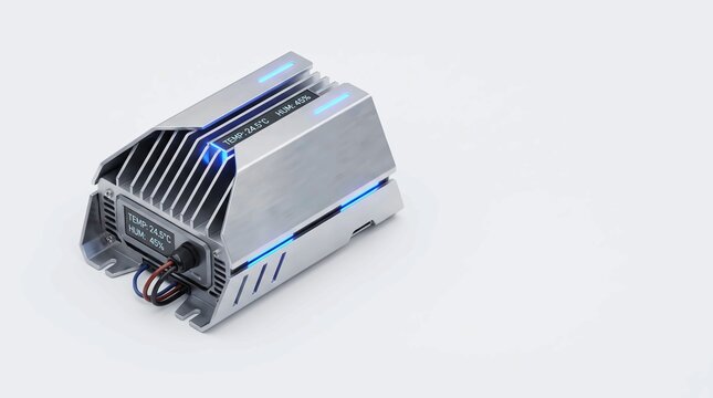 Metallic industrial cooling device featuring digital display screens and glowing blue lights designed for precise environmental temperature and humidity monitoring