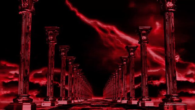 Digitalized Dark Red Storm Pillar Corridor &ndash; Gothic Crimson Fantasy Background