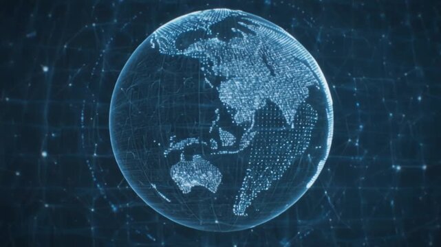 Seamless video loop of a digital futuristic rotating earth globe with data networks, abstract breaking news broadcast background, 4K