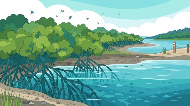 Mangrove Conservation and Coastal Protection, healthy roots, tidal wetlands and marine habitat represented in clean flat vector illustration