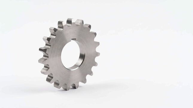 Shiny silver metal gear sprocket showcasing precise engineering teeth and circular industrial design against a clean bright white studio backdrop