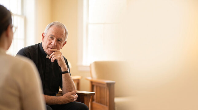 Clergy member in cassock listening intently during counseling session indoors