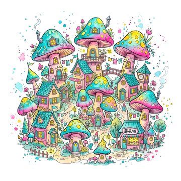 Vibrant watercolor clip art of a fairytale mushroom village with subtle watercolor splashes and ink dots, colorful gradient shading, turquoise, neon pink, and bright yellow, whimsical fine line art, h